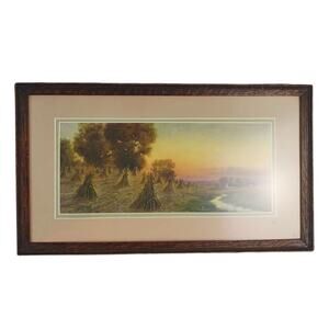 Vtg Edwin E Lamasure Watercolor 19x11 Framed 1909 Print Haystacks Farm Sunrise